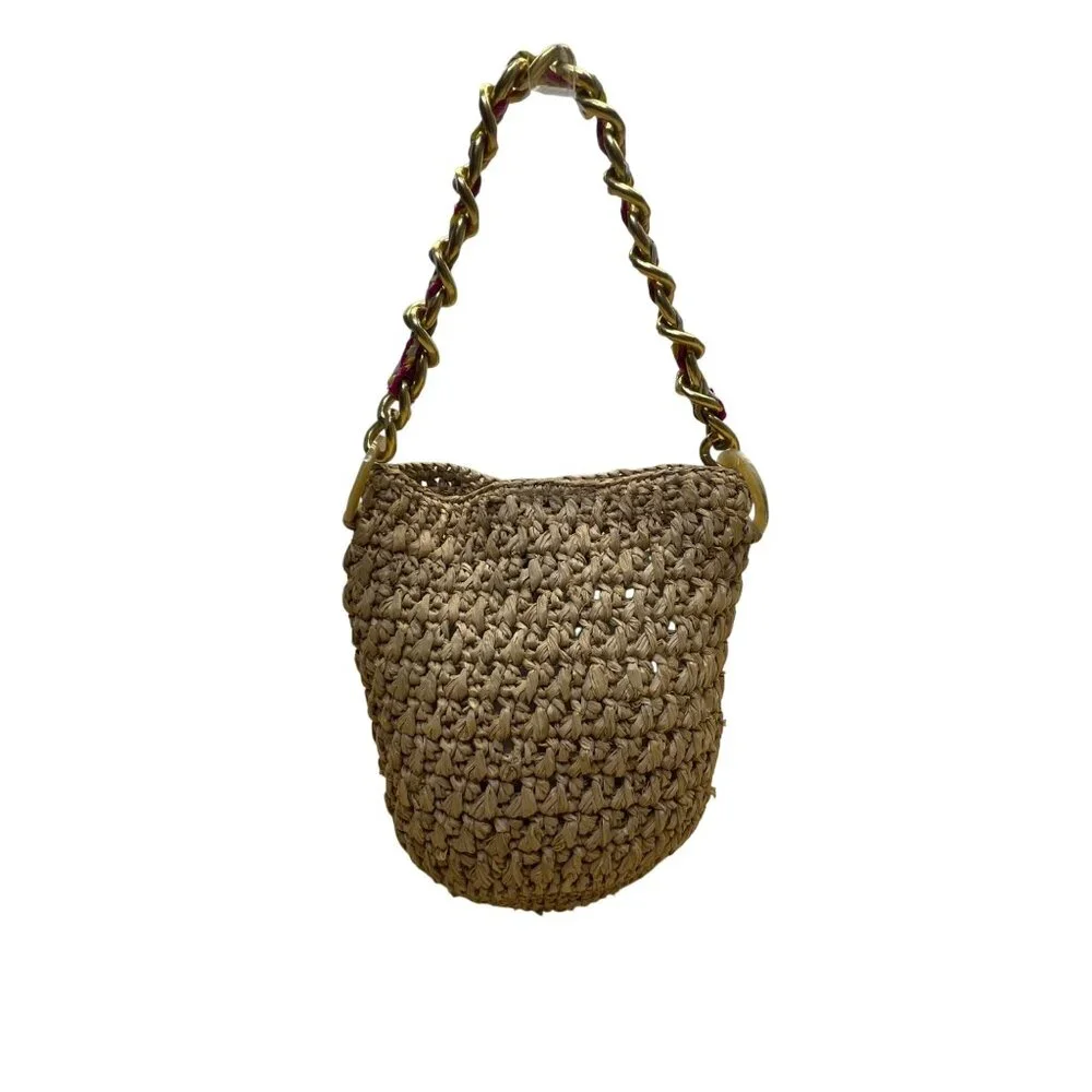 A Point ETC Women’s Natural Woven Straw Chain Handle Boho Bucket Bag Size S - Picture 3 of 11